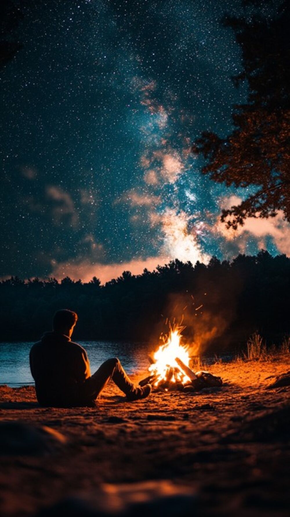 A man by the fire under a starry sky